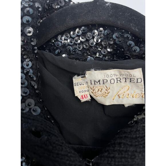 Riviera Sequin Wool Cardigan Sweater Womens‎ 40 Black Vintage Beaded Button Up - Picture 3 of 8